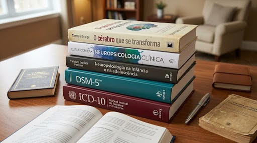 Pilha de livros de neuropsicologia sobre uma mesa de consultório